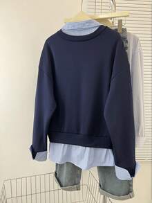 Resyla 女士休闲条纹拼接菱格纹印花卫衣，秋冬款 - 藏蓝色 - 查看 2