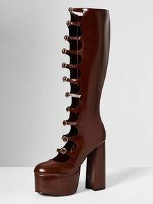 SHUZIA Fashionable Run-Way Ladies' Chocolate Faux Leather Pu Thick Platform Chunky Heel Knee High Round Top Multi Buckle Strap Comfort Fall Winter Holiday Shoe For Christmas Valentine's Day - Chocolate Brown - View 6