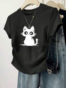 Playeras de mujer estilo casual lindo estampado gato tejido suave color sólido ajustado cuello redondo manga corta primavera/verano set de 3 para diario y universidad - Multicolor - Ver 2