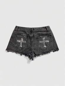ROMWE Grunge Punk Punk Sexy Y2K Striped Rivet Cross Women's Kpop Denim Shorts - Dark Grey - View 1