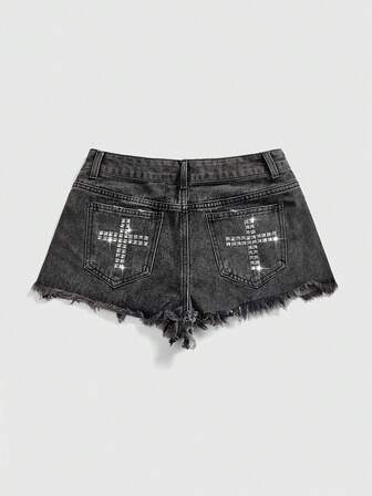 Grunge Punk Short en jean femme rayé, rivet, croix, style grunge punk, sexy Y2K