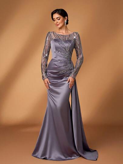 Serin Elegant Luxurious Pearl & Sequin Floral Mesh Patchwork Stretch Satin Long Sleeve Mermaid Dress With Side Slit, Suitable For Wedding, Party, Vacation, Bride & Mother Of The Bride Evening Gown