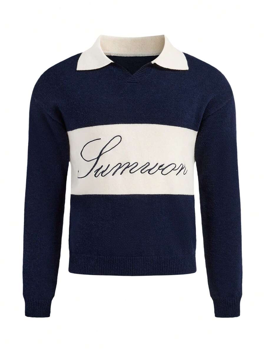 SUMWON Varsity Style Knit Sweater Retro Sports Polo Collar Long Sleeve Athletic Top Classic School Spirit Letter Embroidery Winter Casual Pullover - Blue - View 1