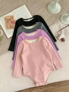 SHEIN 4件套女婴纯色针织长袖连体衣，休闲简约风格，适合室内、户外滑雪、日常穿着、运动、玩耍、派对、摄影、圣诞节以及秋冬季其他场合。 - 彩色 - 查看 8