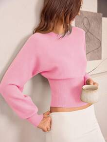 Hanevo Áo len dệt kim cổ tròn, eo rút dây, dáng ôm, màu trơn, đa năng cho mùa thu/đông - Hồng - Xem 4