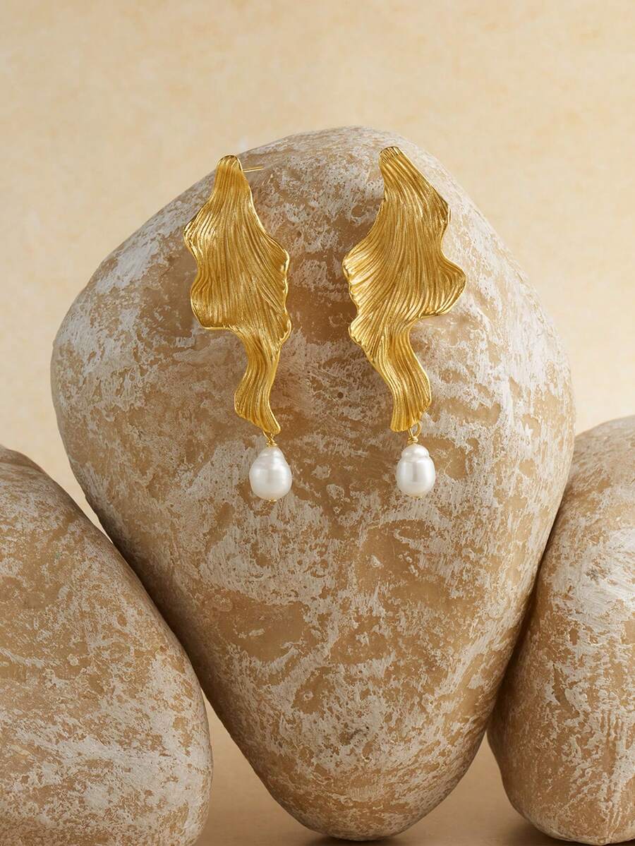 Opalesca 女士垂坠耳环，服饰，复古，串珠，婚礼/新娘配饰，仙女风/精灵风，珍珠，花朵，秋冬，适合妈妈/女士/女孩/母亲，优雅，高级 - 金色 - 查看 1