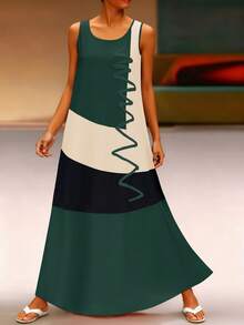 EMERY ROSE 撞色无袖夏季休闲圆领连衣裙长款女装 - 綠色 - 查看 3