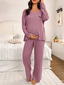 Moonlight&Mama Maternity Casual Letter Embroidery Pocket V-Neck Long Sleeve Top And Pants Loungewear Set Pregnancy Clothing , Fall & Winter - Redwood - View 7