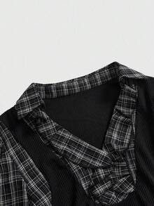 ROMWE Bộ 2 món vải chắp vá kẻ sọc phong cách Gothic: Áo sơ mi dài tay, Áo sơ mi kẻ sọc 2 trong 1 cỡ lớn dành cho nữ - màu đen - Xem 3