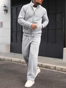 Manfinity CasualCool 男士休闲日常通勤简约纯色高领拉链外套搭配抽绳直筒裤套装，秋季款