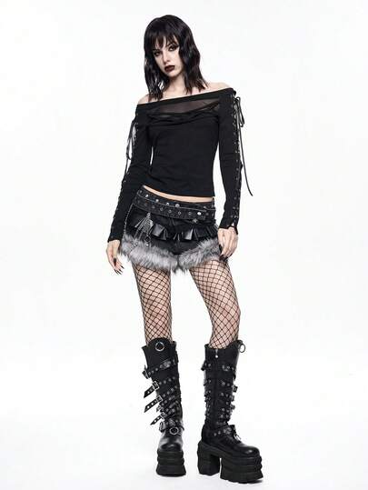 Grunge Punk Short en jean vintage patchwork Y2K avec pendentif en métal en forme de crâne d'araignée en fourrure PU