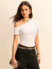 Daynim Asymmetrical Neck Solid Top - White - View 4