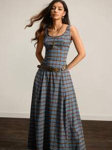 Easelle 复古游牧风方领收腰喇叭下摆女式连衣裙，复古格纹图案，前后拼接设计，舒适亲肤，女士长款格纹连衣裙，女士休闲长裙，不对称设计连衣裙 - 彩色 - 查看 3