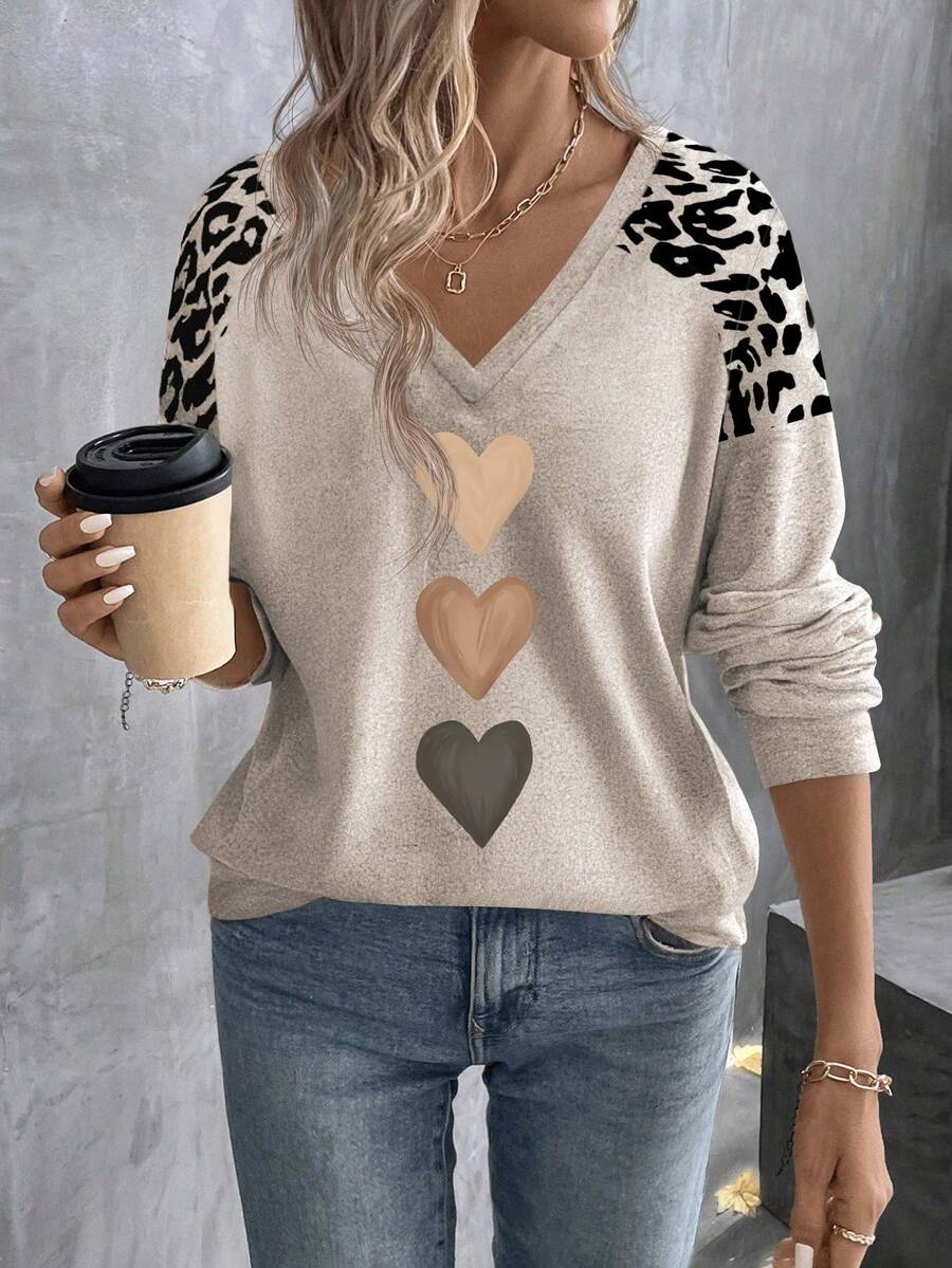 EMERY ROSE Women's Round Neck Long Sleeve Printed Element Design T-Shirt - Multicolor - View 1