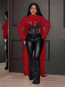 Maweii Plus Size Fashion Tassel Decor Short Front Long Back Sweater Knit Pullover Fall Winter Autumn Party Red - Red - View 6