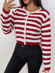 SHEIN PETITE Fashionable Casual Versatile Striped Textured Women Cardigan Sweater - Red and White - View 6