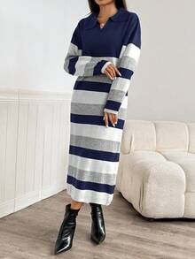 Modelyn Váy len kẻ sọc phối màu thường ngày dành cho nữ, Thu/Đông - Màu xanh hải quân - Xem 4