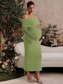 MaterniChic Fall Clothes,Autumn Clothes,Materity Autumn Clothes Maternity  Elegant Maternity Party Evening Gown, Solid Color Textured Fabric Ruched Foldover Off Shoulder Split Hem Fitted Dress - Green - View 4