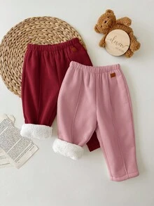 SHEIN 2条装女婴灯芯绒纯色保暖内衬弹力腰裤，适合室内、户外滑雪、日常穿着、运动、玩耍、聚会、摄影、圣诞节及秋冬季其他场合。 - 彩色 - 查看 5