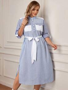 Rosumi Robe décontractée à rayures avec fente latérale, grande taille, automne - Bleu azur - Voir 1