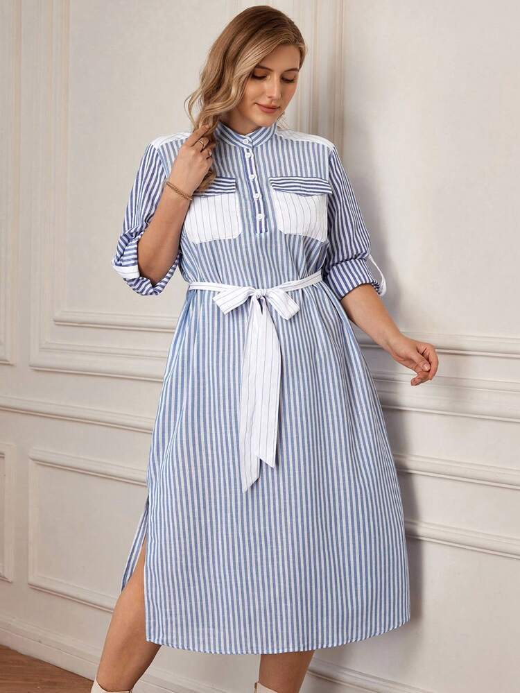 Große Größen Freizeitkleid mit Streifen und Seitenschlitz, Herbstkleid in Blau und Weiß, stilvolle Neujahrsgarderobe, elegante Partykleidung für Damen, Weihnachtskleidung für Damen, Winterkleidung für Damen