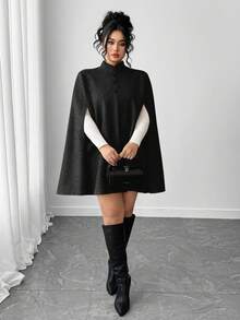 Elenzga Áo choàng len cổ khóa thanh lịch cỡ lớn cho nữ - Màu xám đen - Xem 6