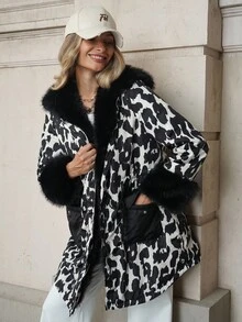 Solivie 女士秋冬加厚领羽绒服，加厚马甲仿皮草外套，女士冬季外套，奶牛纹女式冬季长款黑色保暖加厚棉质外套，动物纹豹纹外套，带内衬的女士秋季外套 - 彩色 - 查看 4