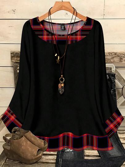 EMERY ROSE 大码女式浪漫休闲格子图案撞色印花圆领宽松七分袖衬衫，充满圣诞气息，适合秋冬季穿着