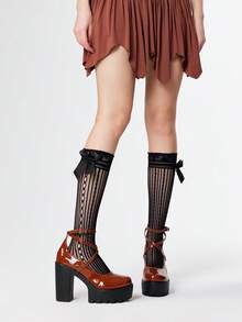 ROMWE Goth 女士闭趾交叉绑带玛丽珍鞋，朋克哥特厚底厚跟绑带搭扣JK制服鞋，防水正式工作高跟鞋 - 棕色 - 查看 2