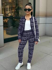 SHEIN Set jachetă și pantaloni în carouri pentru fete preadolescente, ținută casual versatilă, la modă, de zi cu zi