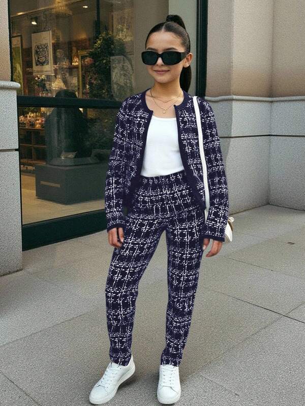 SHEIN Firerie Kids Conjunto de chaqueta y pantalones a cuadros para niñas preadolescentes, conjunto de moda casual y versátil para uso diario