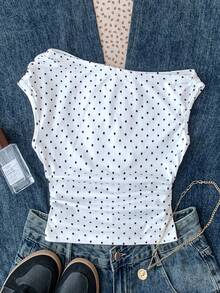 SHEIN Tween Girls White Knit Casual Minimalist Polka Dot Print Asymmetric Ruched Cropped Top, Suitable For Spring/Summer, Casual, Personalized Styling, Daily Wear