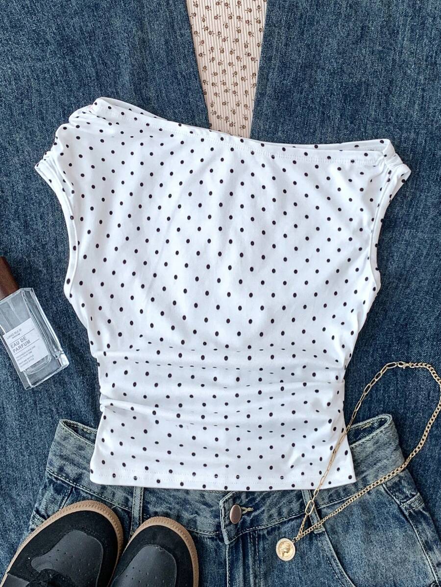 SHEIN Tween Girls White Knit Casual Minimalist Polka Dot Print Asymmetric Ruched Cropped Top, Suitable For Spring/Summer, Casual, Personalized Styling, Daily Wear