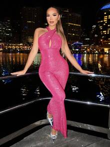 SHEIN SXY 女士闪亮派对交叉吊带连体裤 - 玫紅色 - 查看 3