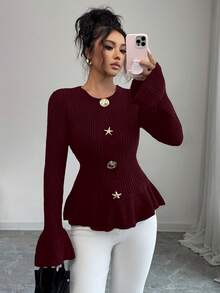 SHEIN Elenzya Women's Elegant Metal Buckle Cuff & Ruffle Hem Design Long Sleeve Sweater, Autumn/Winter - Burgundy - View 3