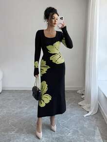 Elenzga Gaun Sweater Bodycon Rajut Jacquard Leher Persegi - Mint Green - View 5