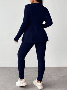 Vionelle Plus Size Solid Color Ruffle Trim Casual Round Neck Long Sleeve Top + Skinny Pants Set Knit Two Piece Set Two Piece Set Women Comfy 2 Piece Lounge Sets Woman Sweater Sets For Women Comfortable Two Piece Set - Navy Blue - View 2