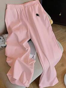 SHEIN EZwear 粉色小马印花休闲裤，女士款，适合夏季和度假穿着。 - 粉色 - 查看 4
