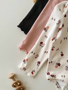 Newborn Baby Girl Cute Casual Ditsy Floral Elastic Knit Long Sleeve Bodysuit, Autumn/Winter