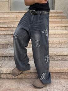 ROMWE MEN Street Life Men's Embroidered Denim Jeans, Loose Fit - Grey - View 4