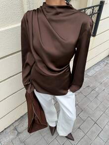 Siren Gaze 女士纯色缎面垂褶长袖衬衫，棕色，优雅女士衬衫，翻领上衣，垂褶衬衫，适合派对、日常休闲及其他场合，秋冬季 - 棕色 - 查看 5