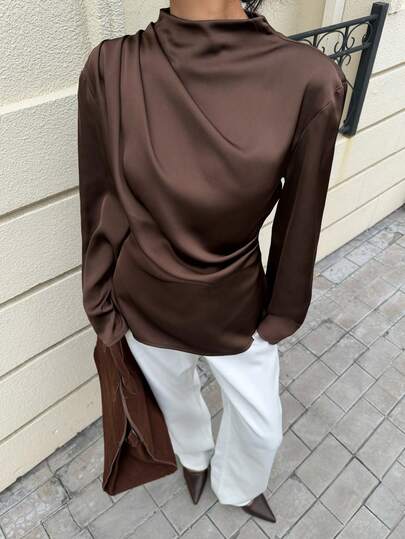 Siren Gaze Women's Solid Color Satin Draped Long Sleeve Shirt, Brown, Elegant Ladies Blouse, Lapel Collar Top, Draped Shirt, Suitable For Parties, Daily Casual And Other Occasions, Elegant Women's Blouses, Formal And Casual Wear