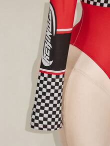 SHEIN ICON 女士加大码秋冬性感复古简约运动休闲时尚前卫赛车服字母图案黑白棋盘格印花高领前拉链黑红撞色连体衣 - 紅色 - 查看 9