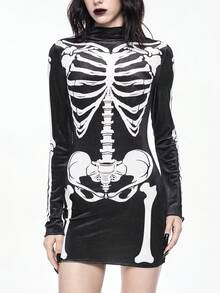 ROMWE Goth 哥特式骷髅印花黑色丝绒迷你连衣裙（女款） - 黑色 - 查看 4