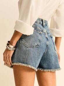 Daynim Women Denim Shorts - 中等水洗藍 - 查看 2