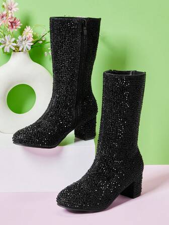 Mini mi #SparkleTrek Girls' Block Heel Round Toe Full Rhinestone Black Mid-Calf Boots – Dazzling Statement For Holidays & Stage Glam