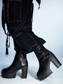 Sugerpunk Women's Black Formal Work Shoes Lace-Up Chunky Heel Goth Boots, Side Zipper Punk Rock Motorcycle Boots, Low Heel Party Dress Shoes, Ankle Boots And Short Boots For Christmas - Black - View 5