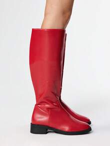 ROMWE Women's Fashion Versatile Chunky Heel Mid-Calf Boots - Red - View 4