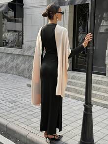 Siren Gaze Women's Dress Modest Fashion New Linen Long Dress For Women, Split Pleated Waist A-Line Dress, Elegant Long Dress, Sun Dresses For Women Holiday Wear, Imitation Linen Flowing Long Dress, Women's Elegant Commuter Colorblock Dress Black - Black - View 4