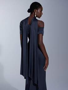 Elitara 优雅、浪漫、性感、时尚、绿色、弹力缎面、鱼尾下摆、拖尾、潮流、网红、假日、度假、生日派对、婚礼、伴娘礼服 - 藏蓝色 - 查看 3